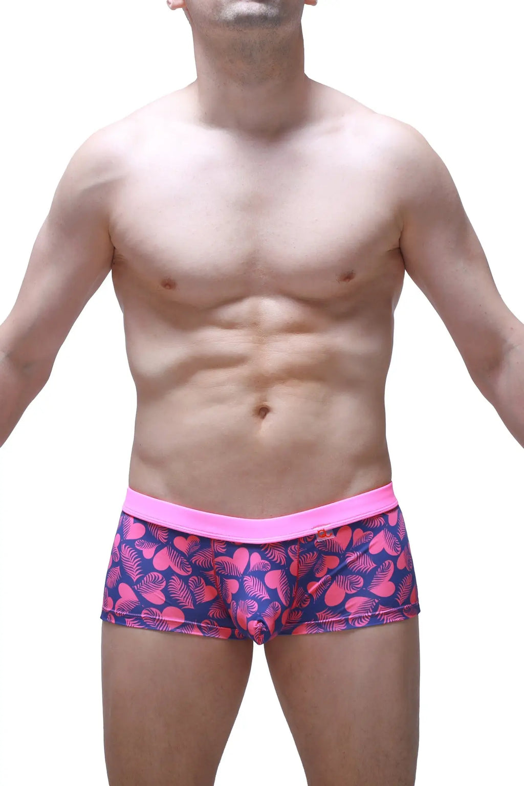 PetitQ boxer Meljac tropical hearts bright pink and navy blue patterned men’s briefs with bold tropical leaf design