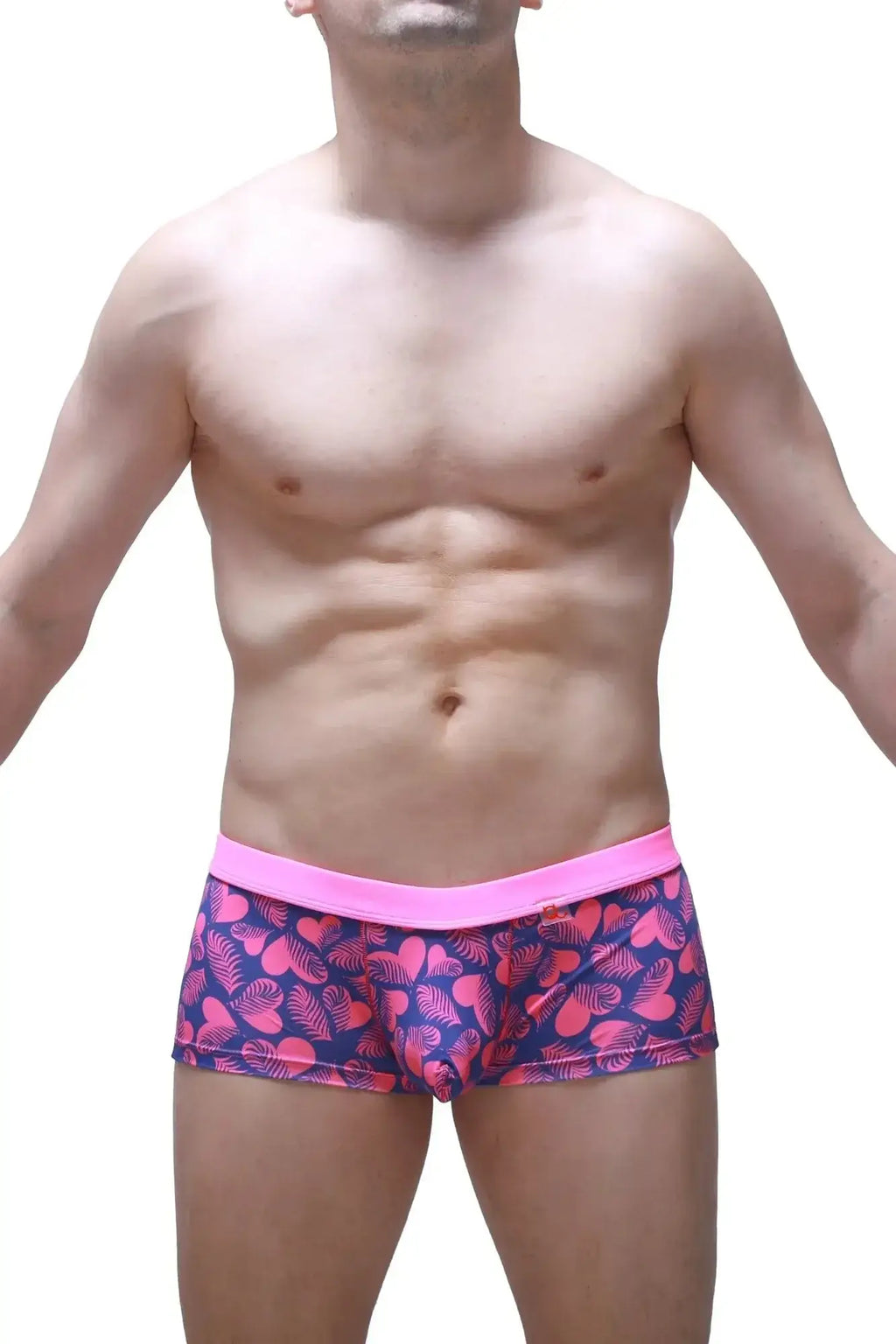 PetitQ boxer Meljac tropical hearts bright pink and navy blue patterned men’s briefs with bold tropical leaf design
