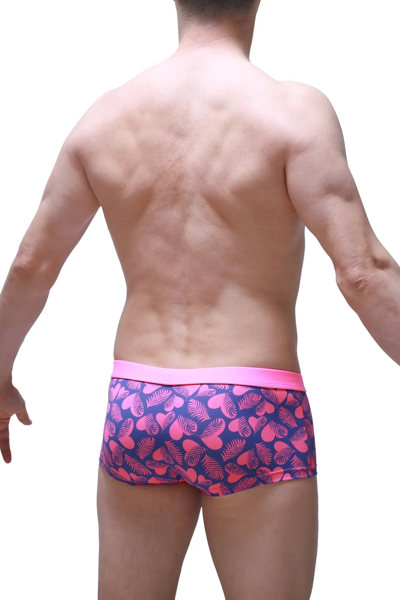 PetitQ boxer Meljac tropical hearts patterned pink and navy blue boxer briefs with bright pink waistband