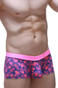 PetitQ boxer Meljac tropical hearts pink and navy blue patterned swim trunks with bright pink elastic waistband