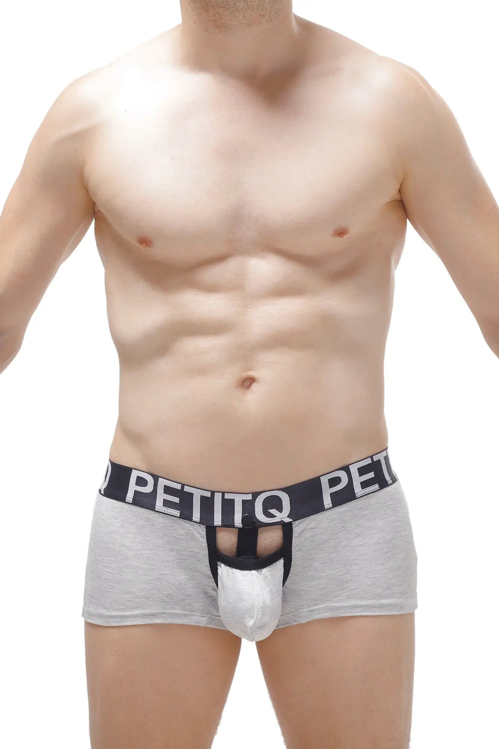 Gray petitq menhir modal men’s briefs with white pouch and black elastic waistband featuring brand name