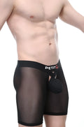 PetitQ boxer miniac black sheer mesh briefs with black elastic waistband logo and front pouch for men