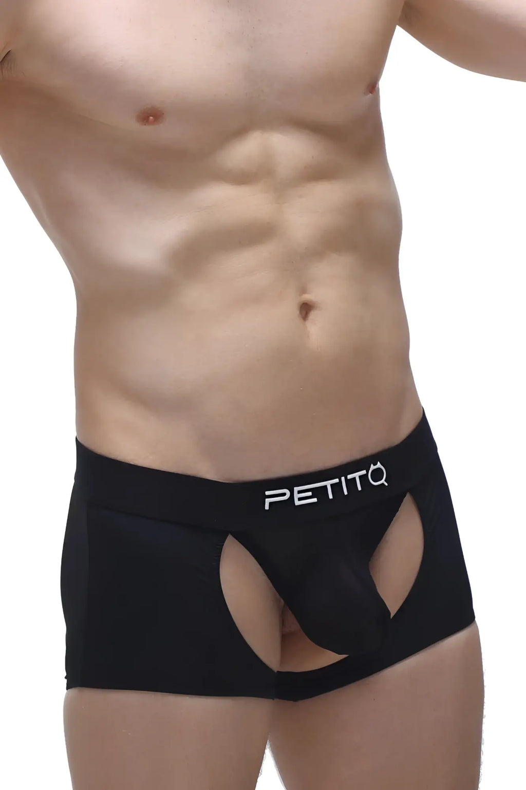 Black petitq boxer moras men’s briefs with distinctive cutout design offering comfortable breathable fit