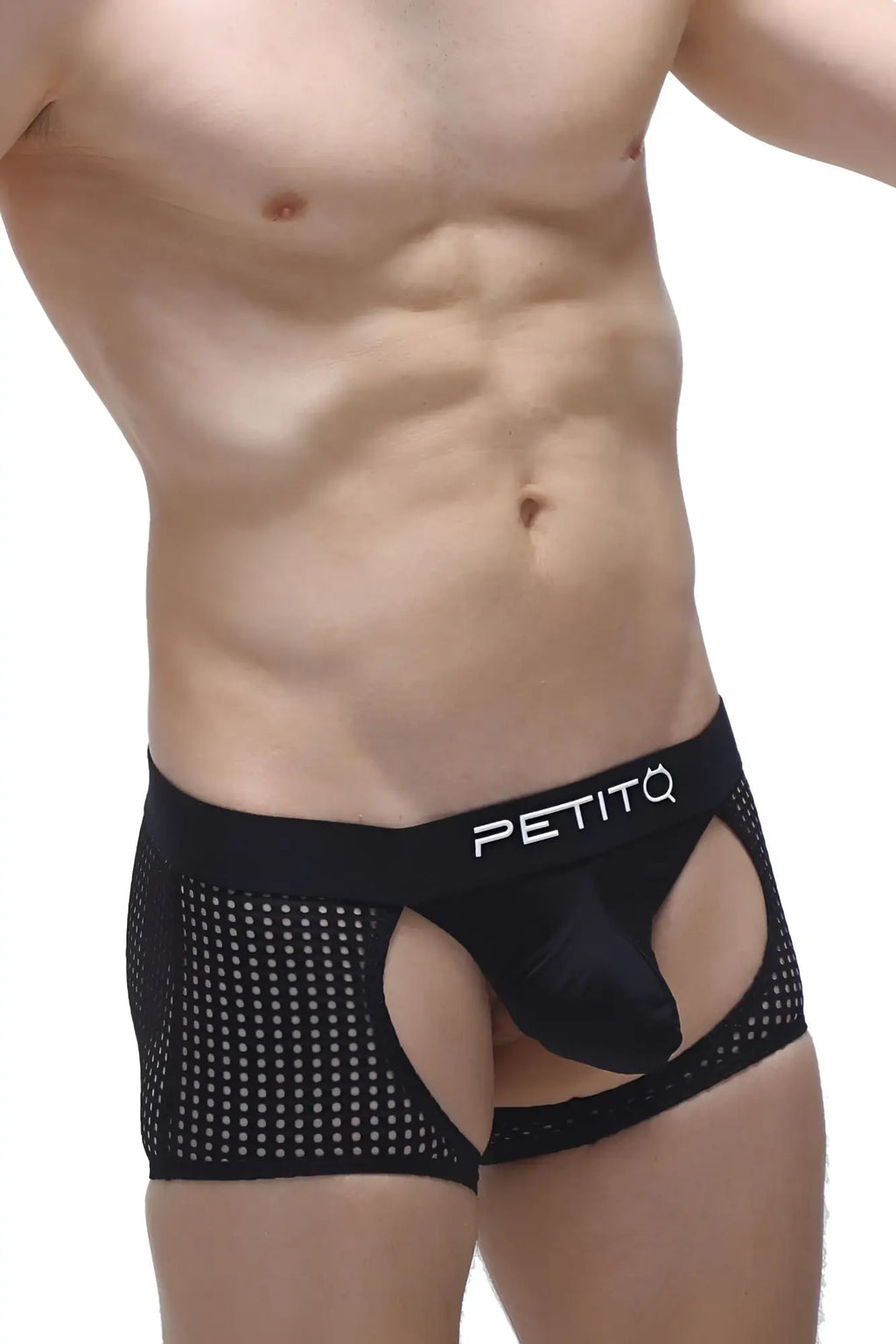 Black mesh PetitQ boxer briefs with solid black pouch and white PetitQ logo waistband designed for comfort
