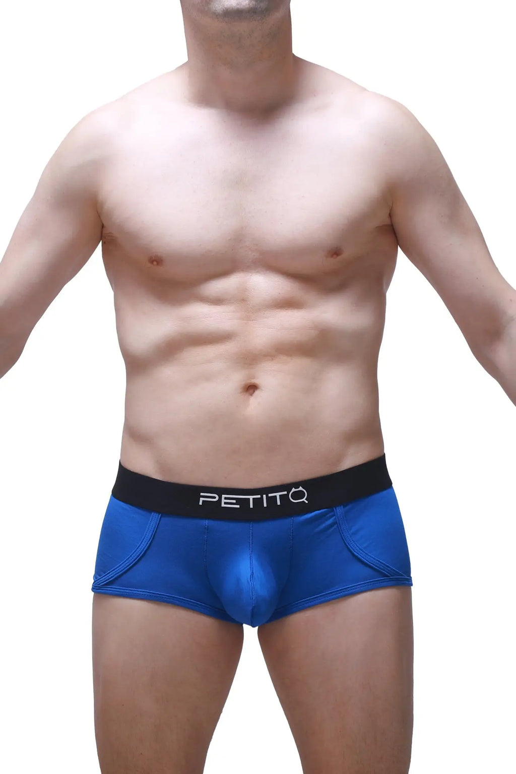 Bright blue form-fitting petitq boxer morrier briefs with a black waistband featuring the petitq logo
