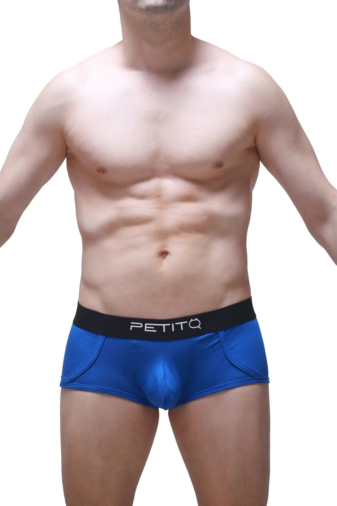 Bright blue form-fitting petitq boxer morrier briefs with a black waistband featuring the petitq logo