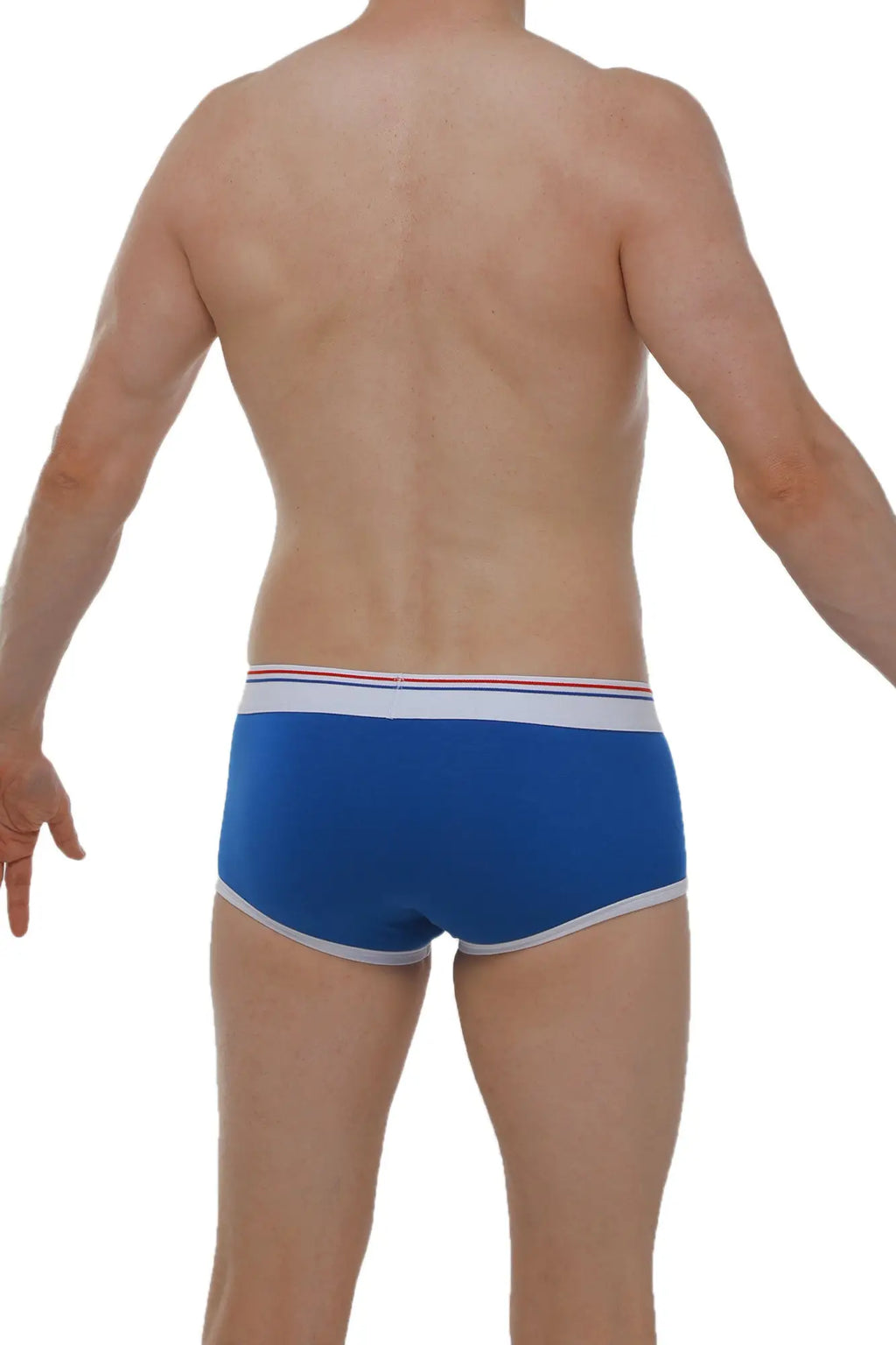 Blue petitq boxer morrier briefs with white and red striped trim designed for comfortable everyday wear