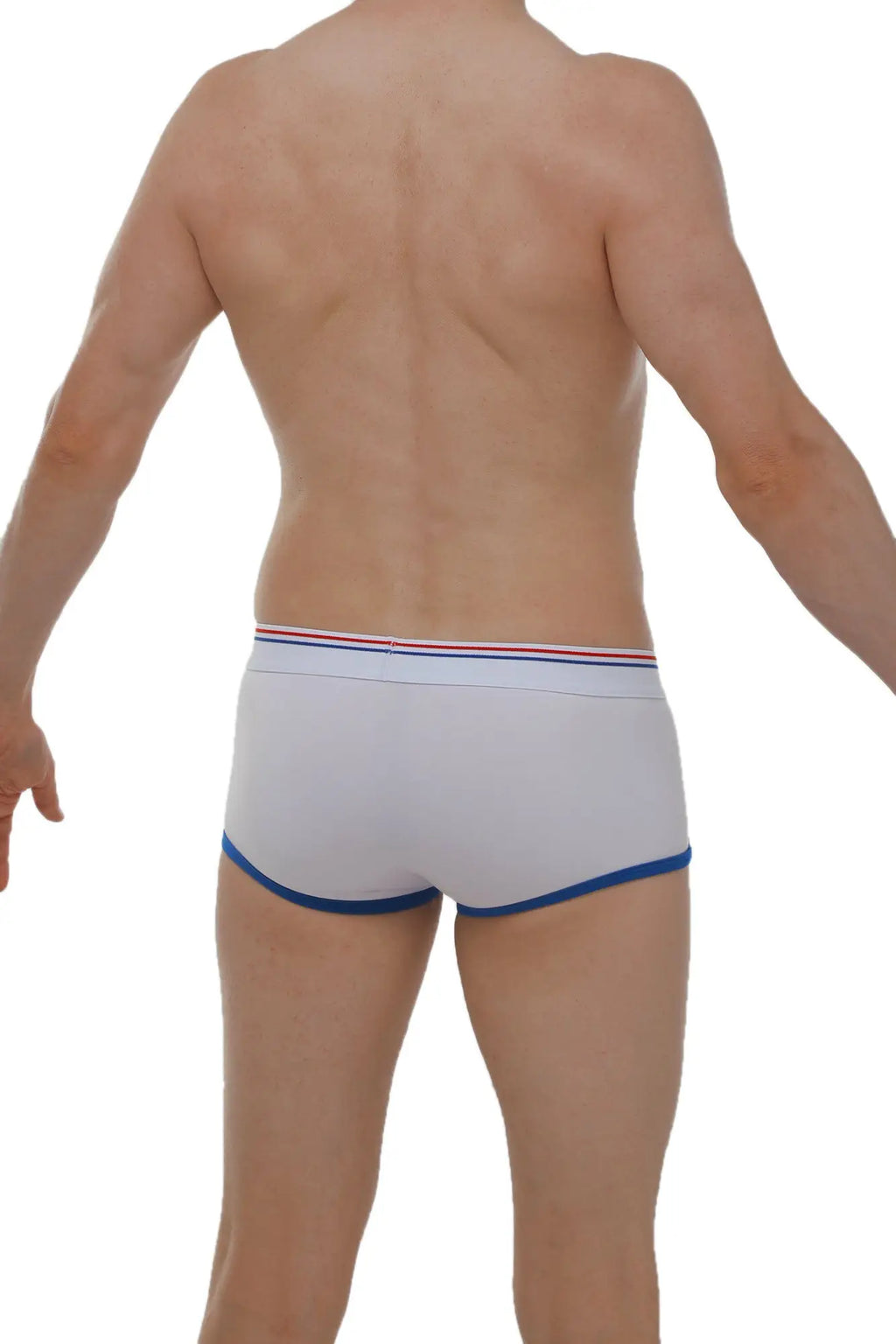 PetitQ boxer Morrier white briefs with blue trim and a red white and blue striped waistband