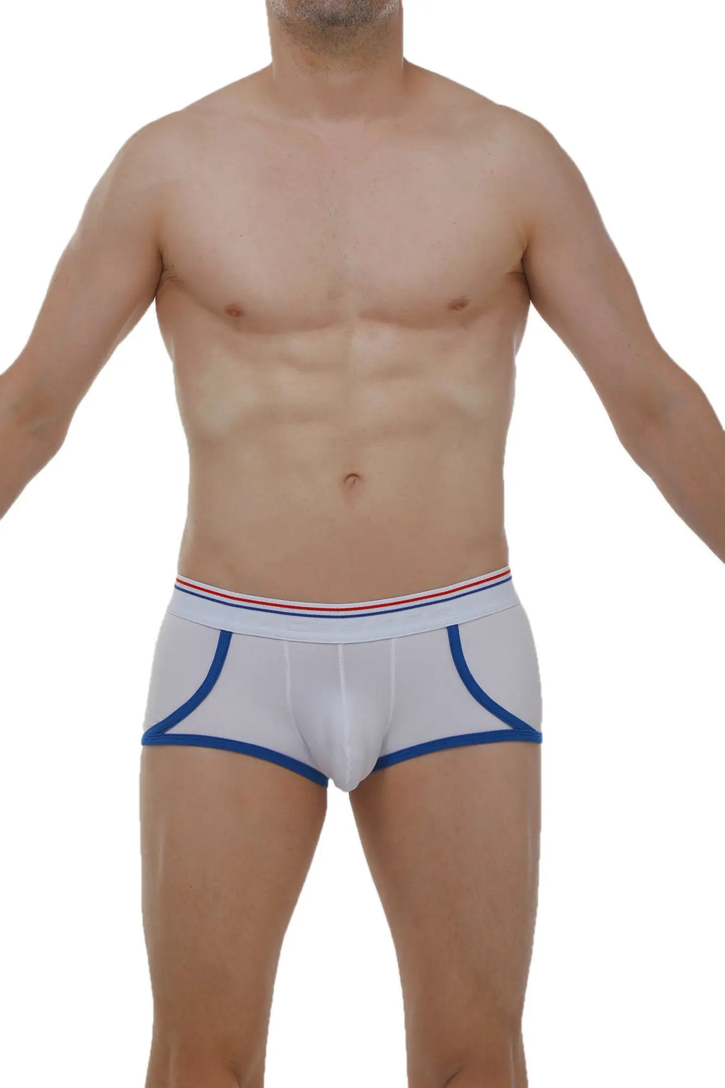 White men’s briefs with blue trim and a red white and blue striped waistband from petitq boxer morrier white collection