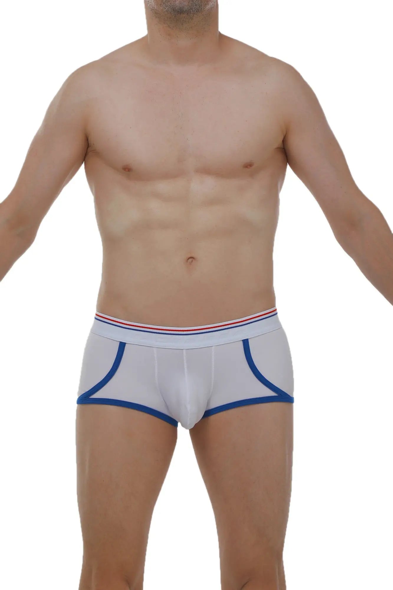White men’s briefs with blue trim and a red white and blue striped waistband from petitq boxer morrier white collection