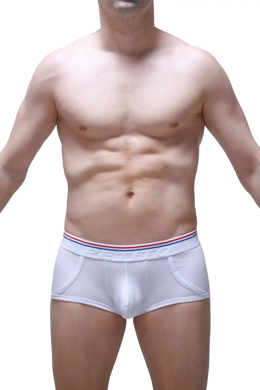 White petitq boxer morrier briefs with a red white and blue striped elastic waistband for men