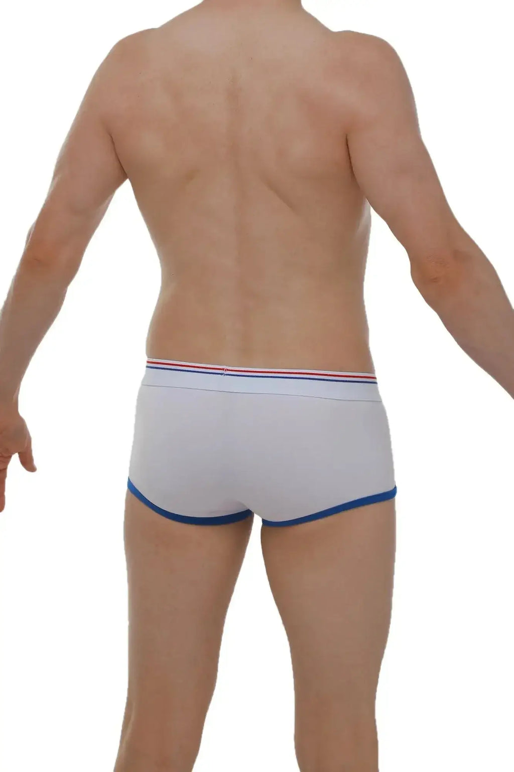 PetitQ boxer Morrier white briefs with blue trim and a red white and blue striped waistband