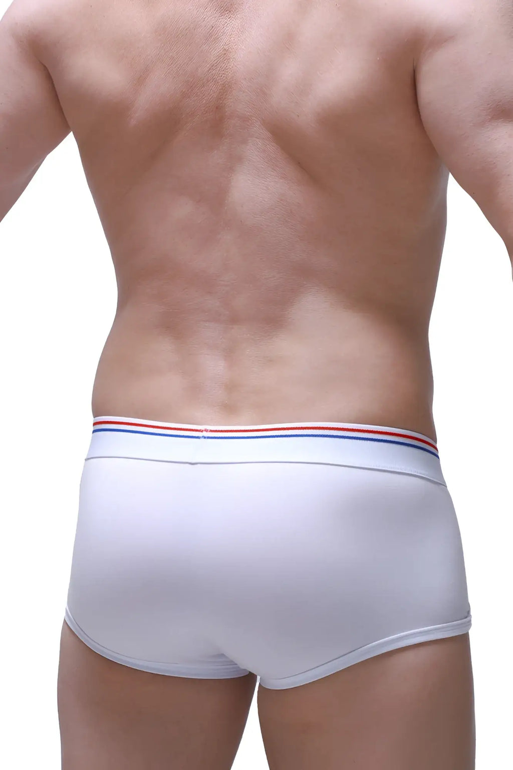 White petitq boxer morrier briefs with a red white and blue striped waistband for comfortable everyday wear