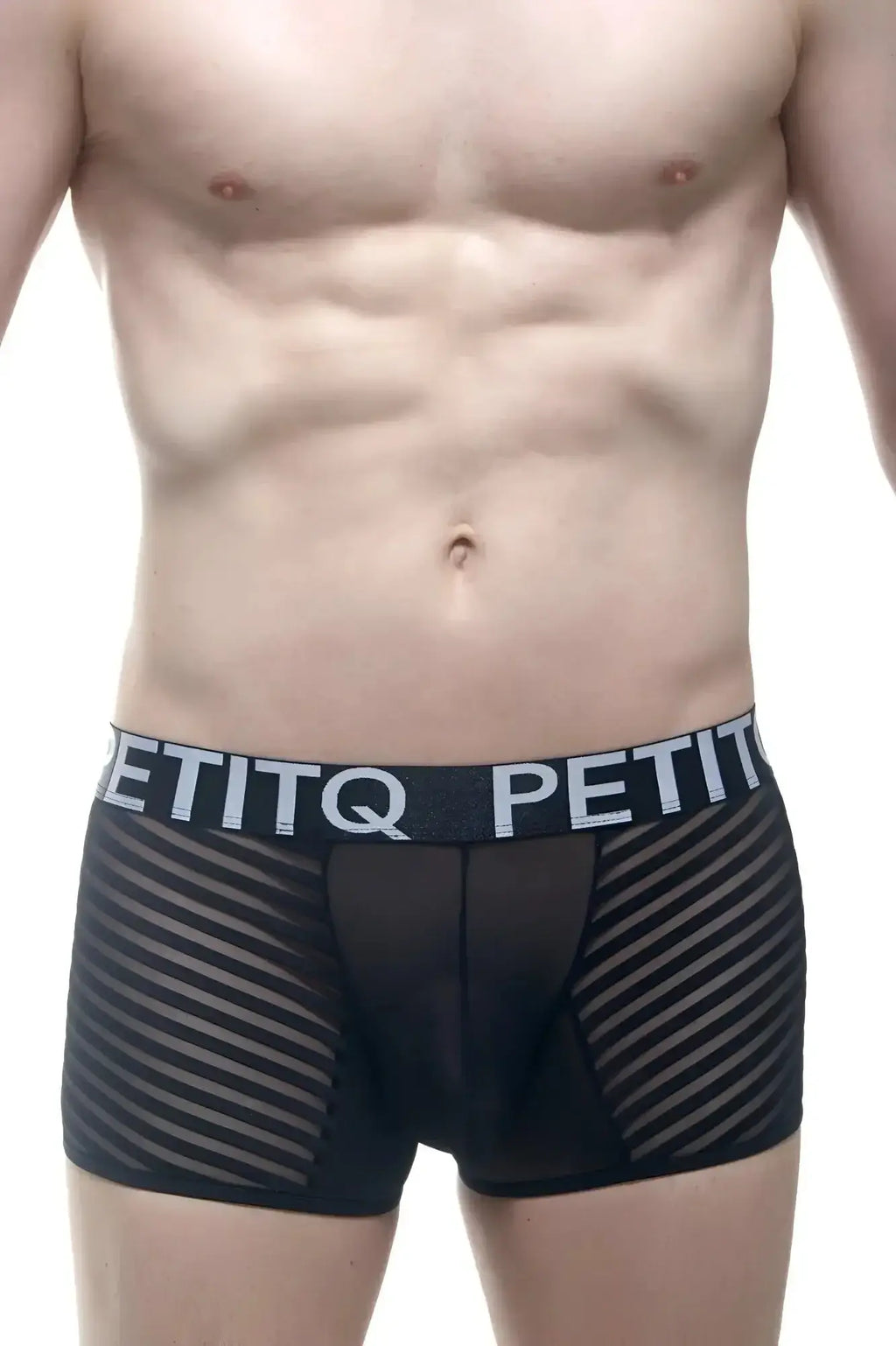 PetitQ boxer Mosnay black mesh boxer briefs with diagonal stripes and contrasting elastic waistband with PetitQ logo