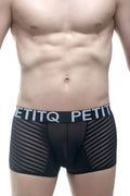 PetitQ boxer Mosnay black mesh boxer briefs with diagonal stripes and contrasting elastic waistband with PetitQ logo