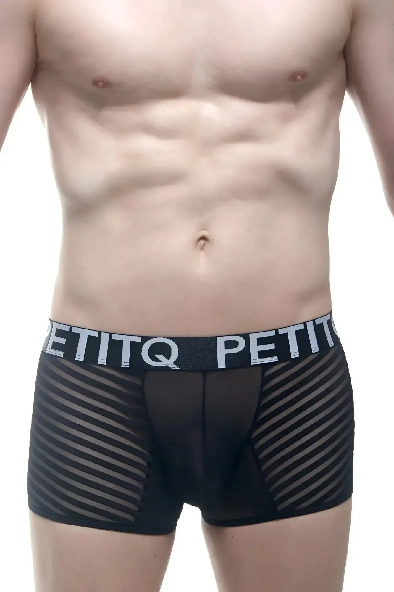 PetitQ boxer Mosnay black mesh boxer briefs with diagonal stripes and contrasting elastic waistband with PetitQ logo