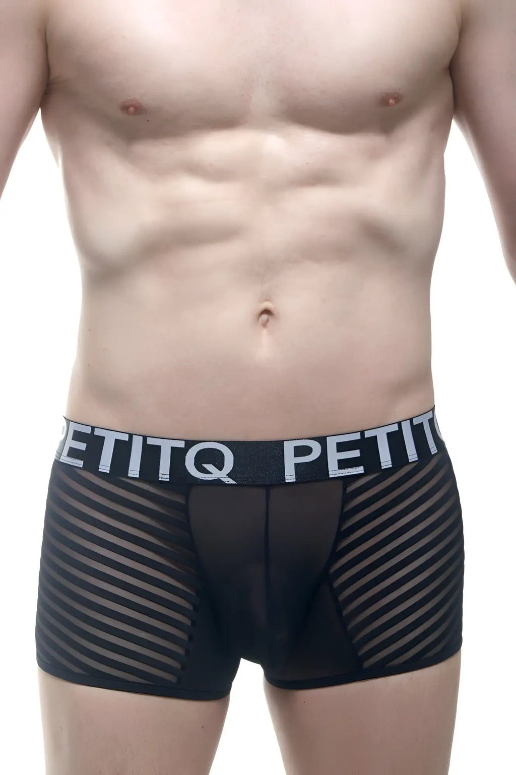PetitQ boxer Mosnay black mesh boxer briefs with diagonal stripes and contrasting elastic waistband with PetitQ logo