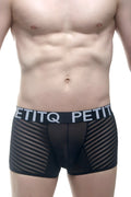PetitQ boxer Mosnay black mesh boxer briefs with diagonal stripes and contrasting elastic waistband with PetitQ logo
