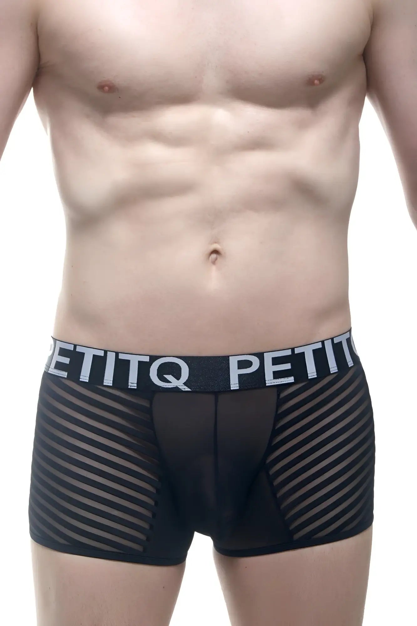 PetitQ boxer Mosnay black mesh boxer briefs with diagonal stripes and contrasting elastic waistband with PetitQ logo