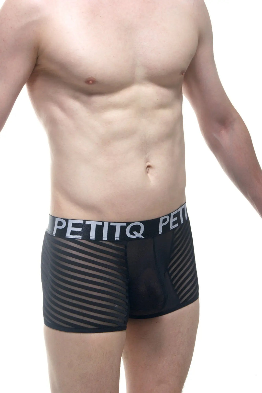 Black mesh petitq boxer mosnay briefs featuring a white logo waistband and breathable fabric design
