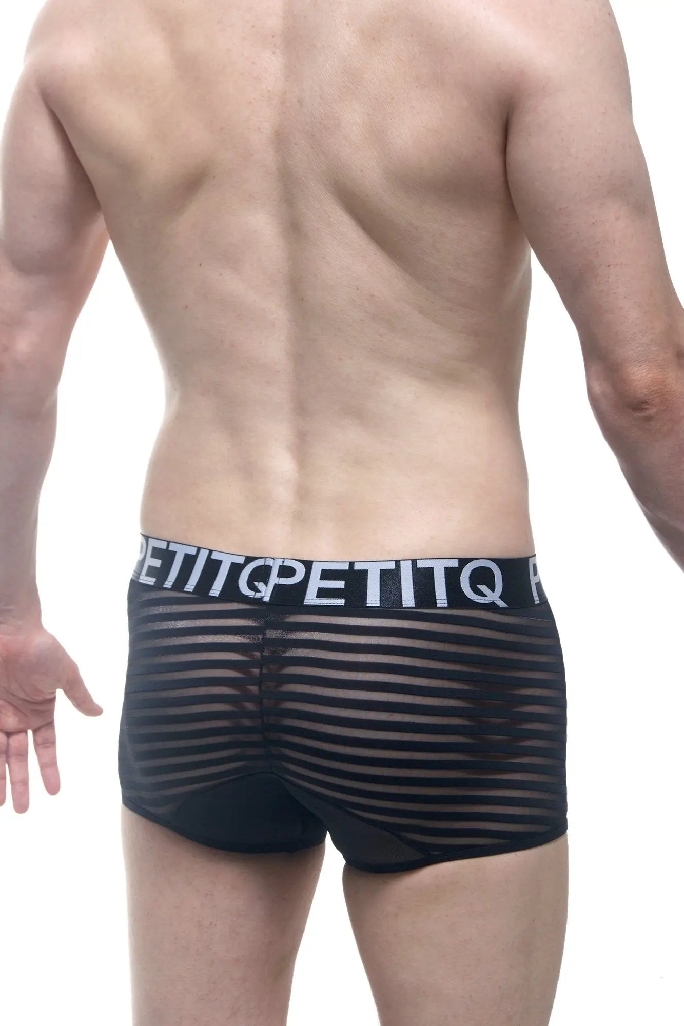 Black sheer striped petitq boxer mosnay briefs with black elastic waistband and white petitq logo