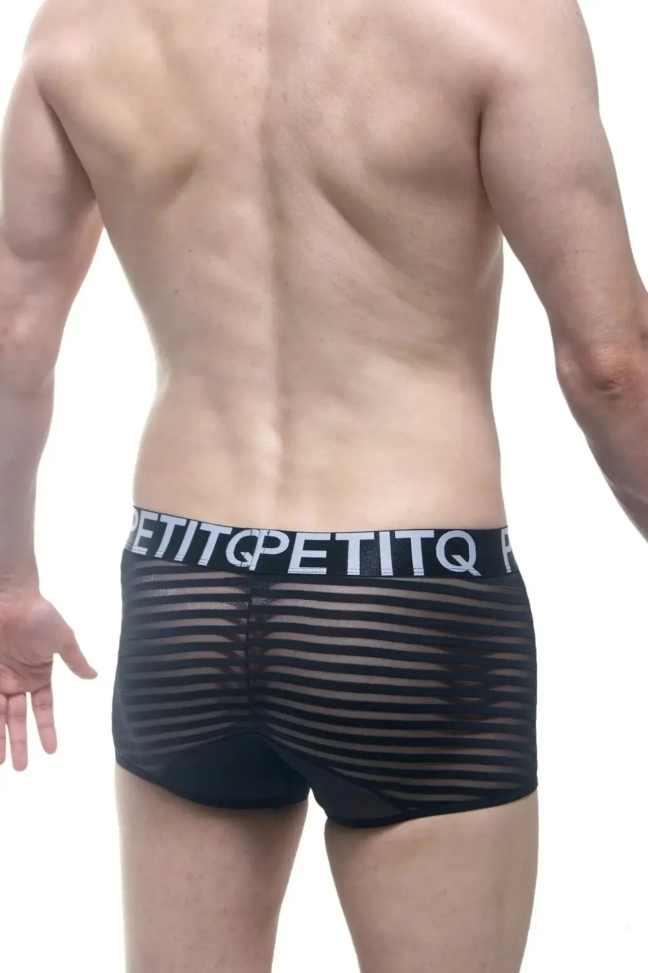 Black sheer striped petitq boxer mosnay briefs with black elastic waistband and white petitq logo