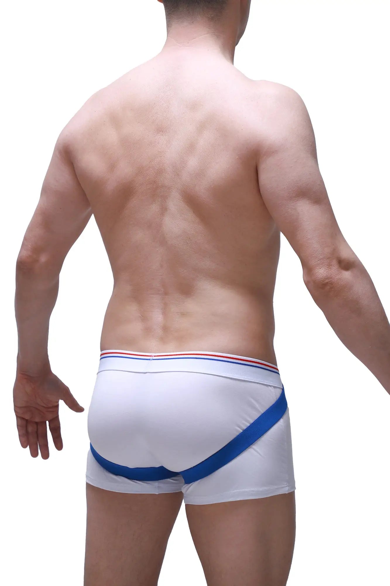 White petitq boxer muras athletic briefs with bold blue diagonal stripe and red white blue waistband trim