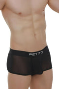 Black sheer mesh briefs with a solid black waistband featuring the petitq logo in white lettering for stylish wear