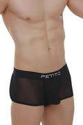 Black sheer mesh briefs with a solid black waistband featuring the petitq logo in white lettering for stylish wear