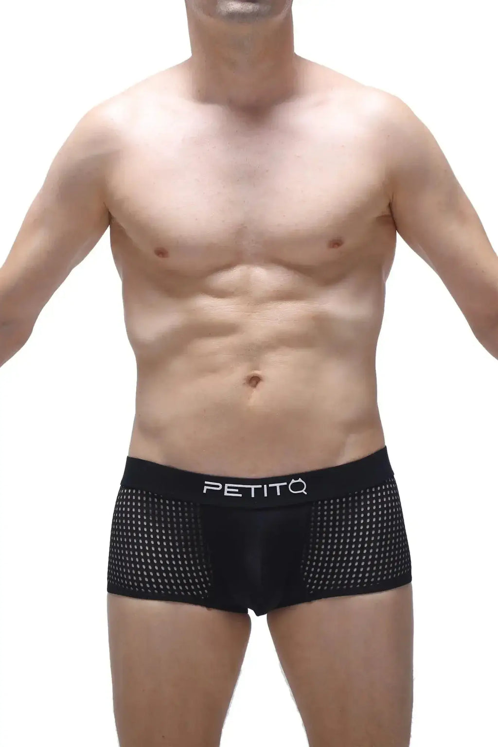 Black mesh petitq boxer noth durtol briefs featuring a white petitq logo on the waistband