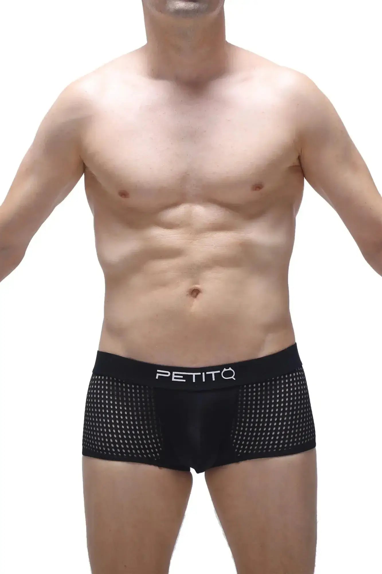 Black mesh petitq boxer noth durtol briefs featuring a white petitq logo on the waistband