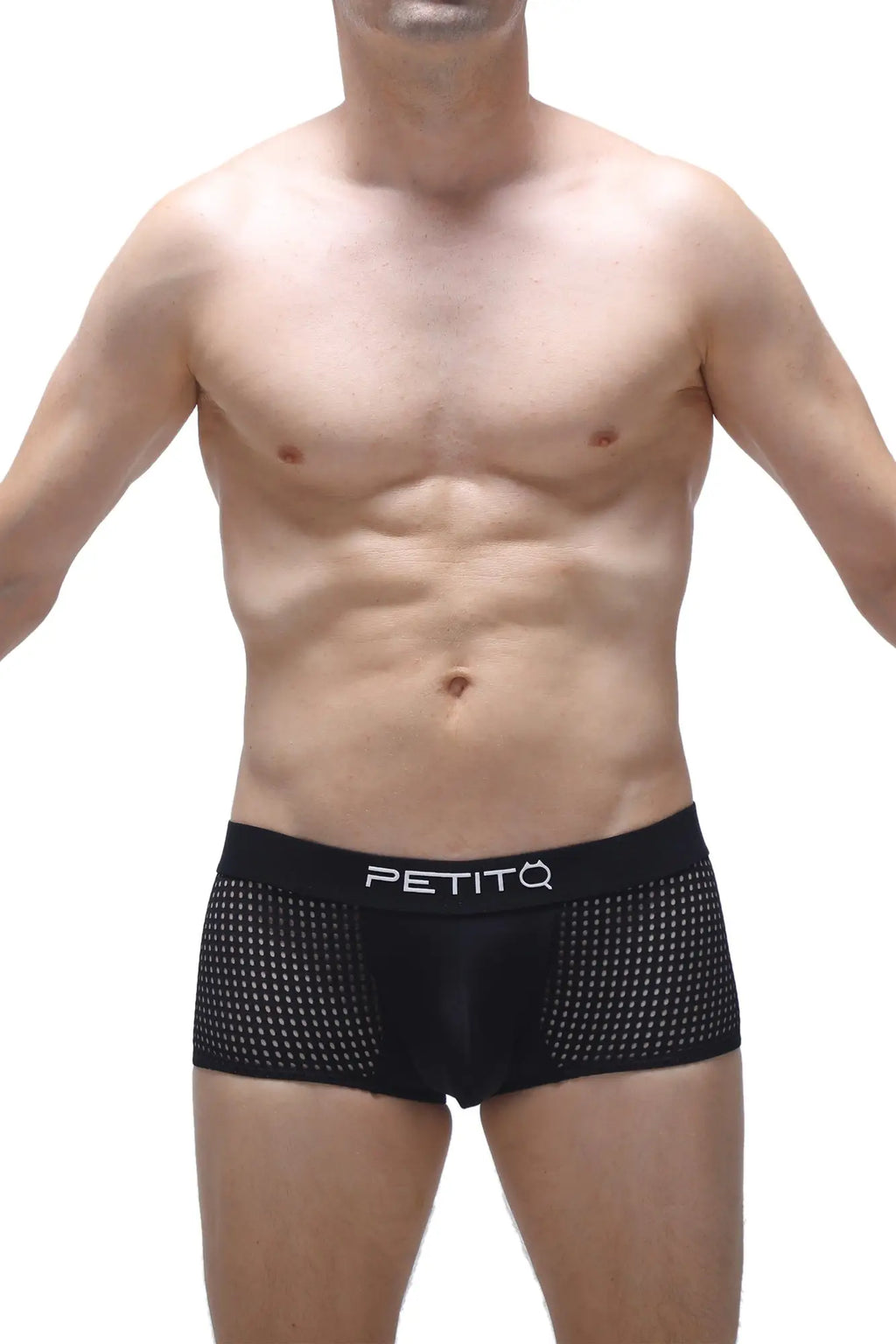 Black mesh petitq boxer noth durtol briefs featuring a white petitq logo on the waistband