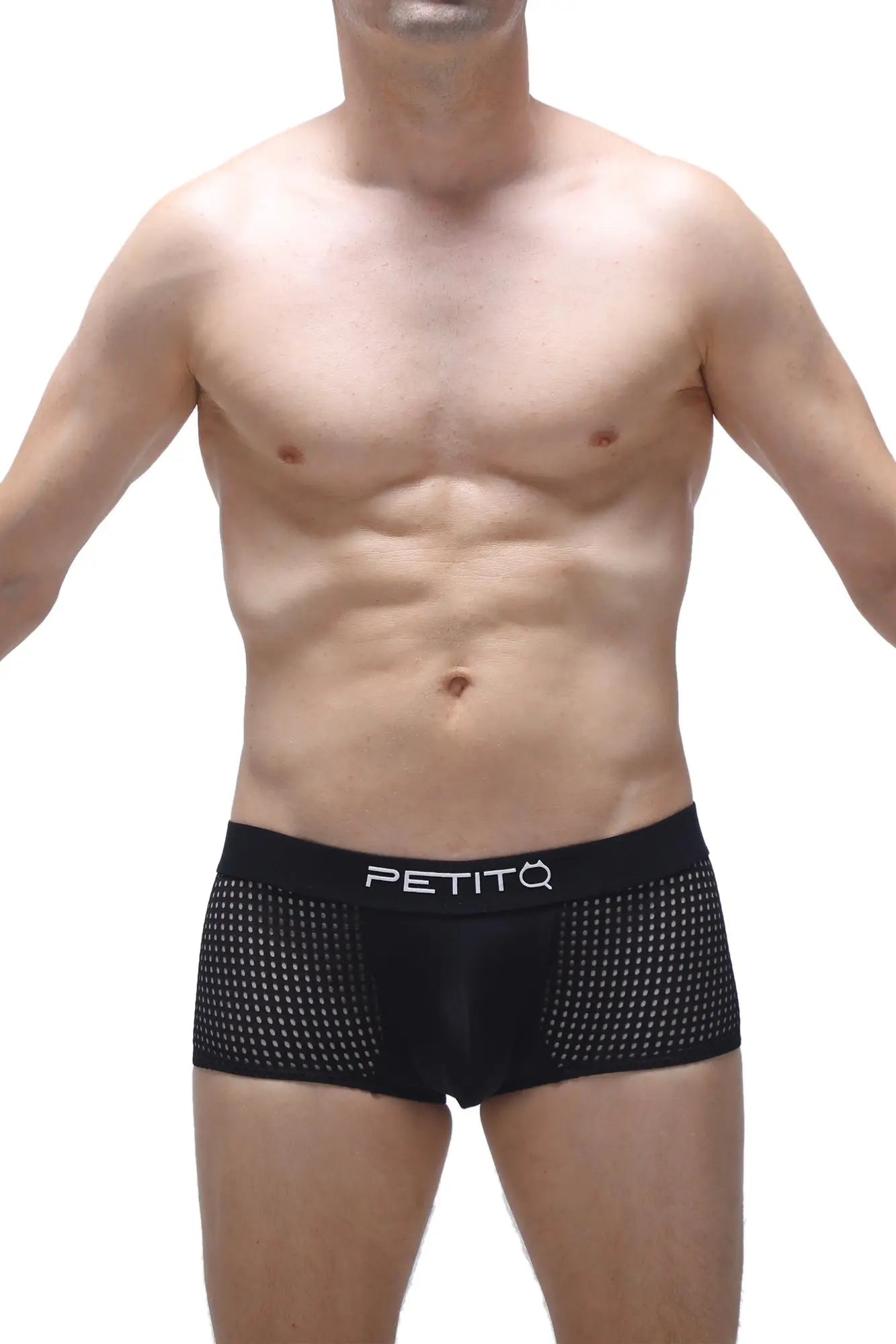 Black mesh petitq boxer noth durtol briefs featuring a white petitq logo on the waistband