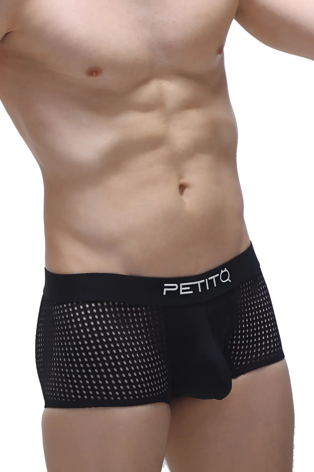 Black mesh briefs with white petitq logo on waistband from PetitQ Boxer Noth Durtol Black collection