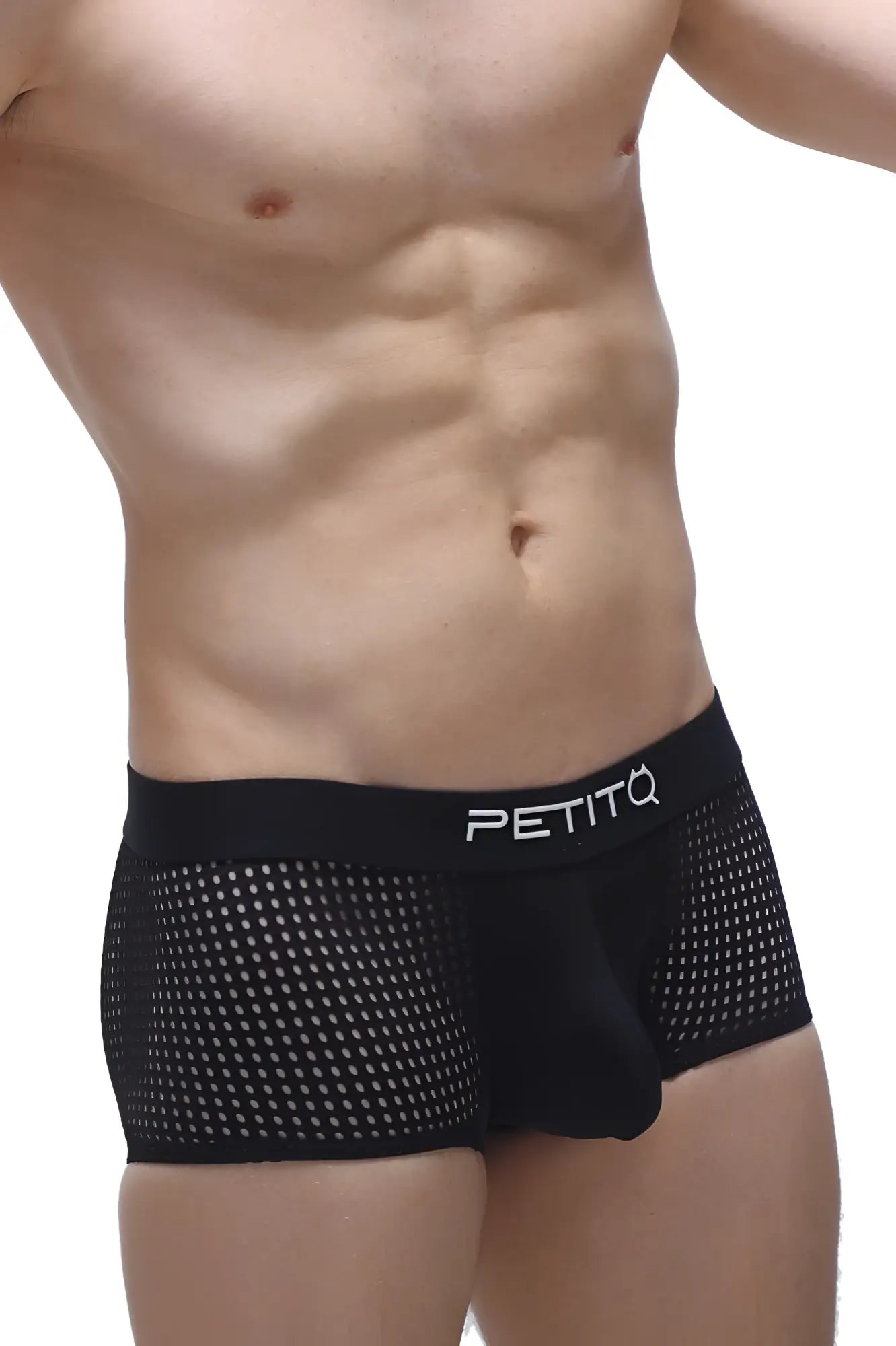 Black mesh briefs with white petitq logo on waistband from PetitQ Boxer Noth Durtol Black collection