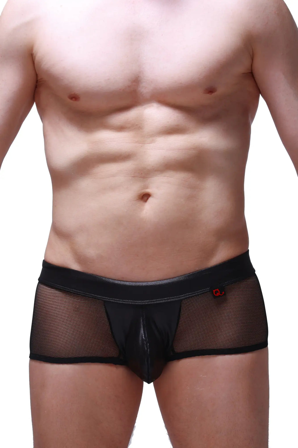 PetitQ boxer ogy mesh black briefs with black glossy front panel and red logo on waistband in black mesh material
