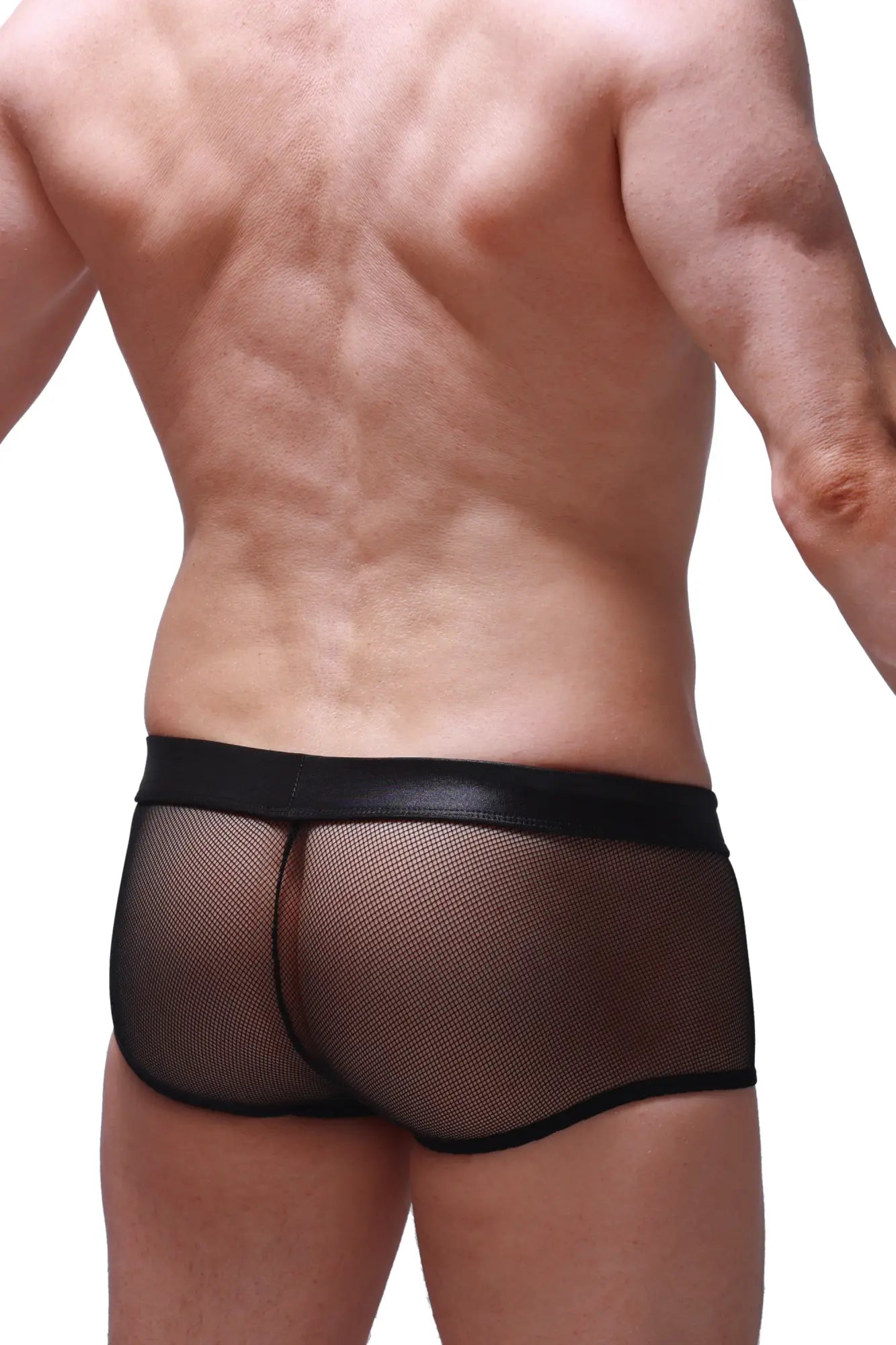 Petitq boxer ogy mesh black briefs with black mesh fabric and smooth elastic waistband front view