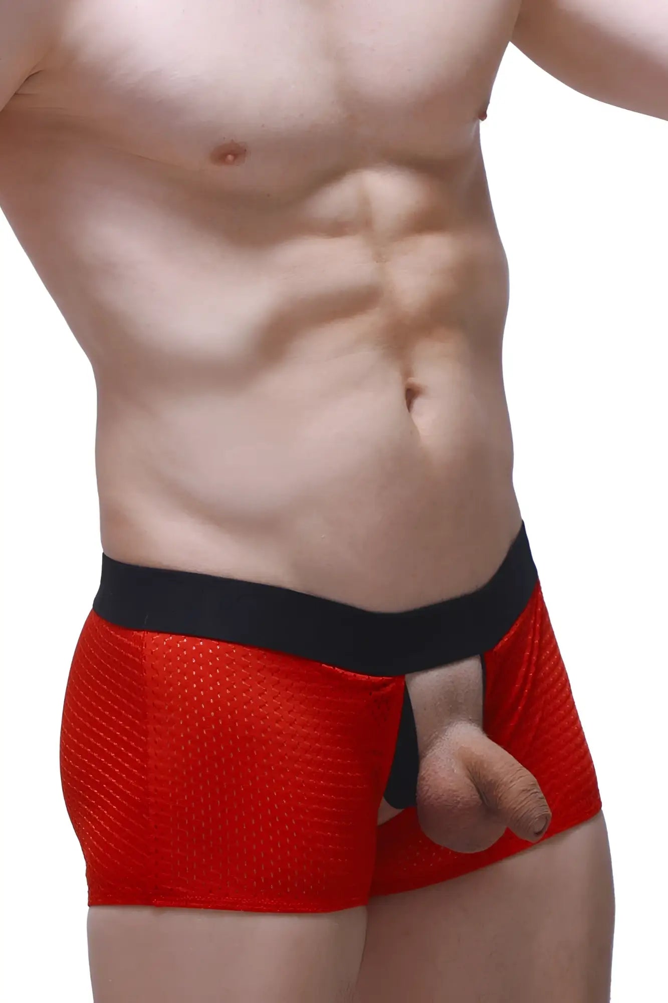 PetitQ boxer Olloix Bee red mesh briefs with a black waistband and open front design for stylish comfort