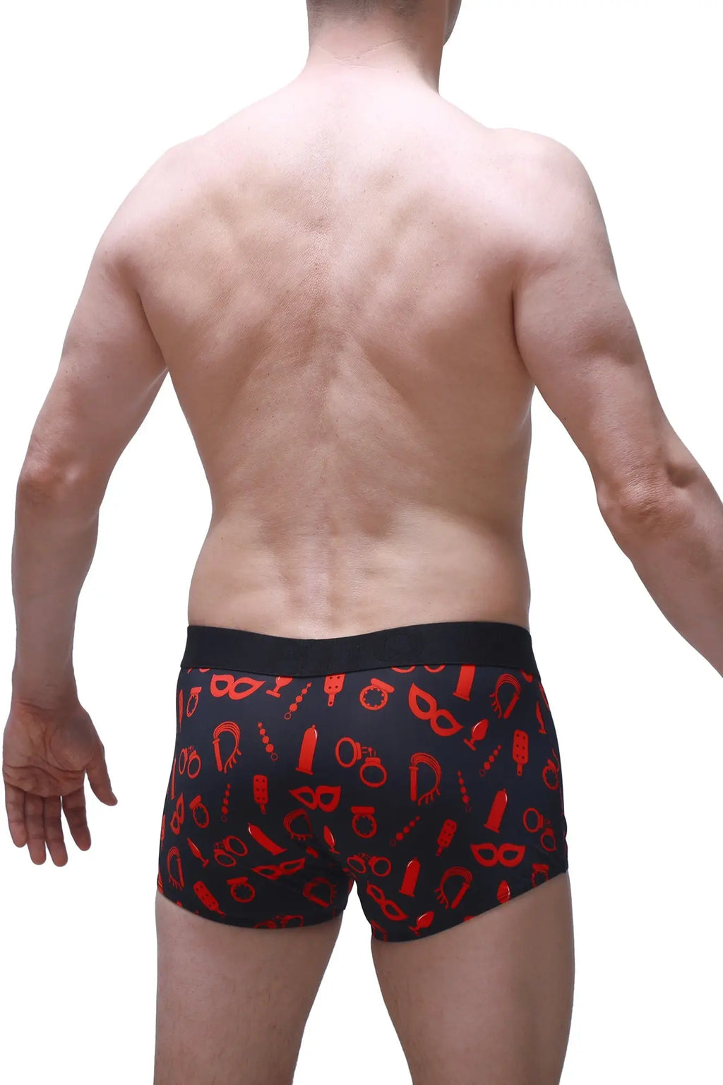 Black petitq boxer olloix boudoir briefs with bold red adult-themed pattern for stylish intimate wear