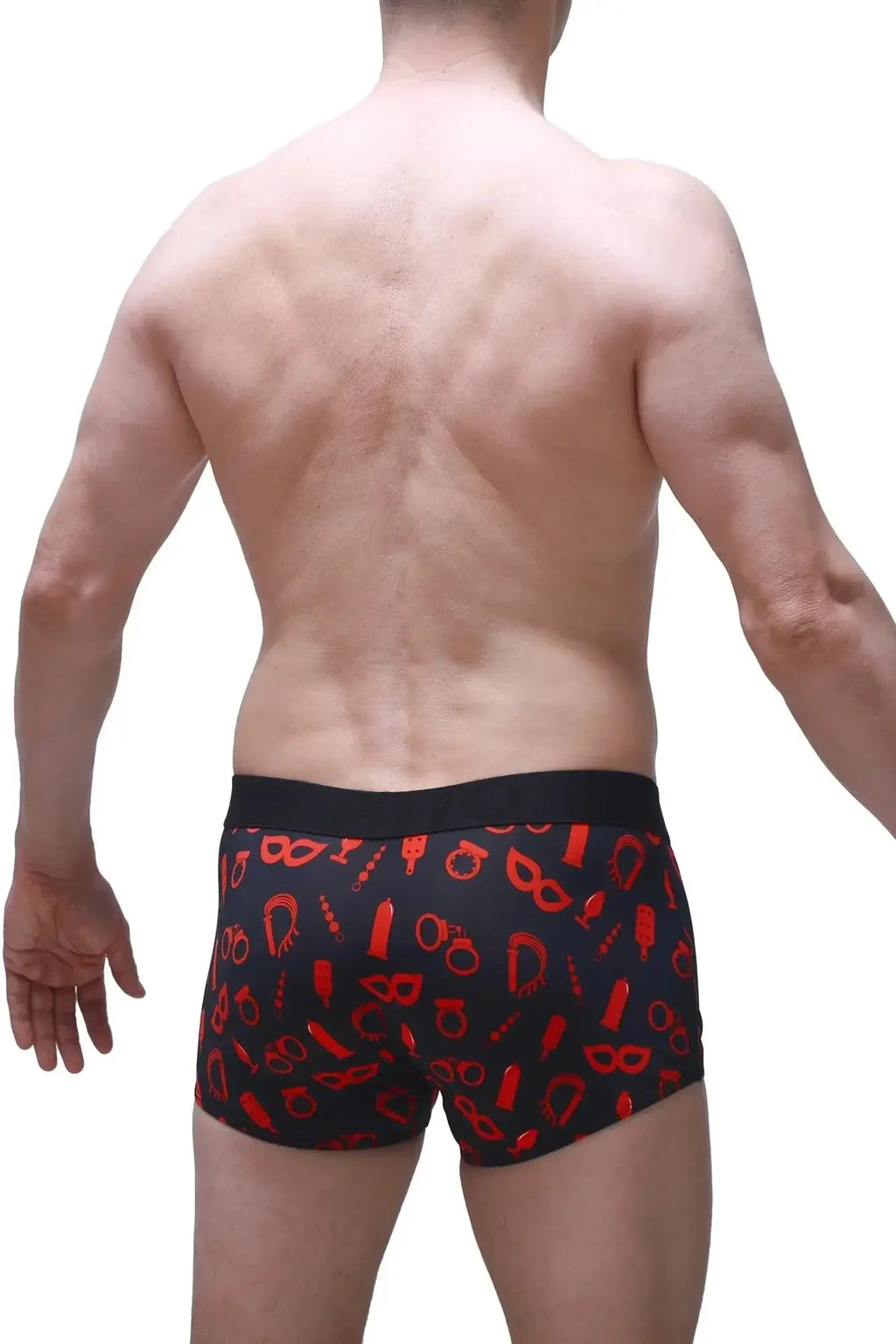 Black petitq boxer olloix boudoir briefs with bold red adult-themed pattern for stylish intimate wear