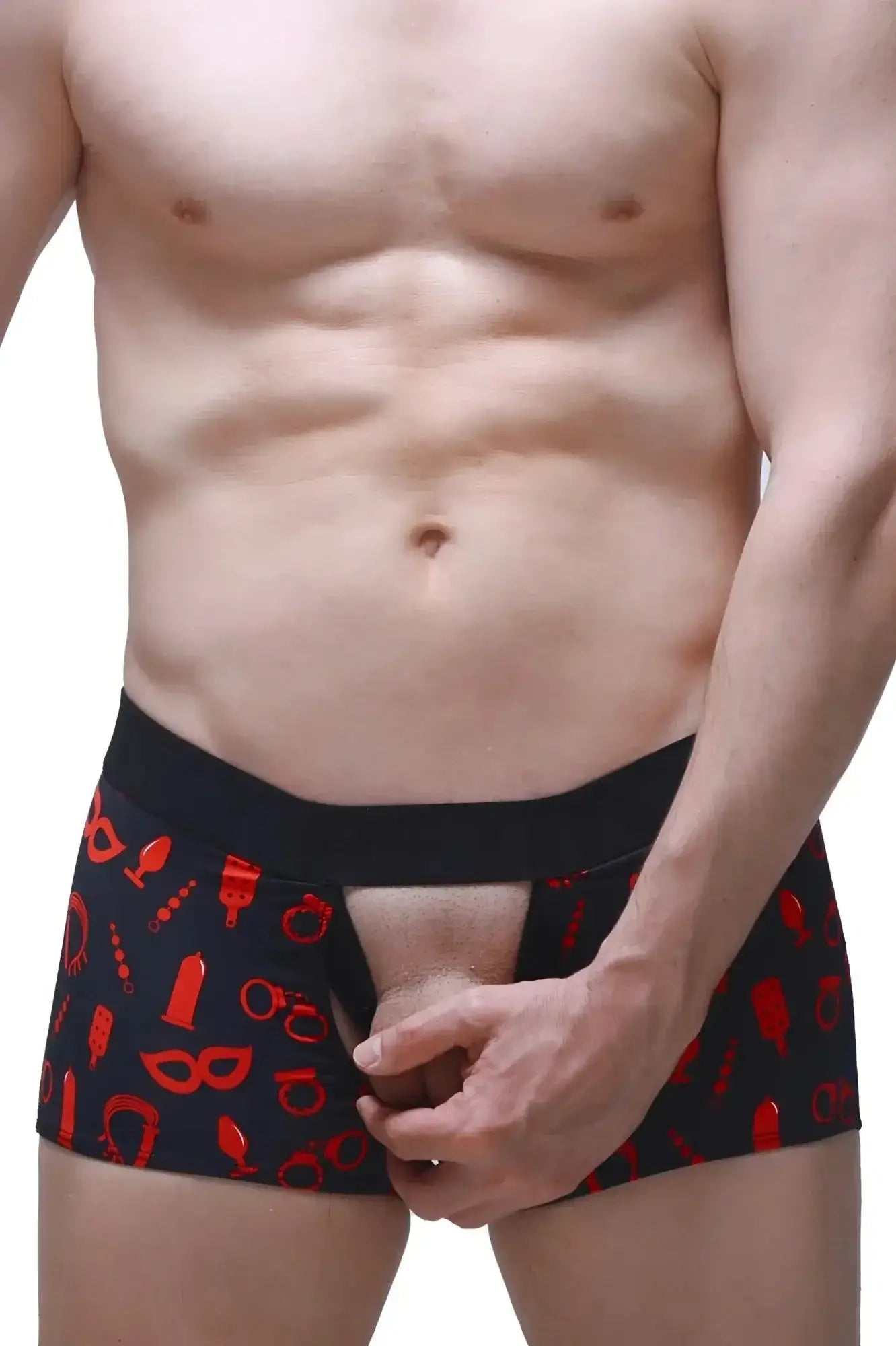 Black PetitQ boxer Olloix Boudoir briefs with red erotic-themed graphics designed for intimate wear