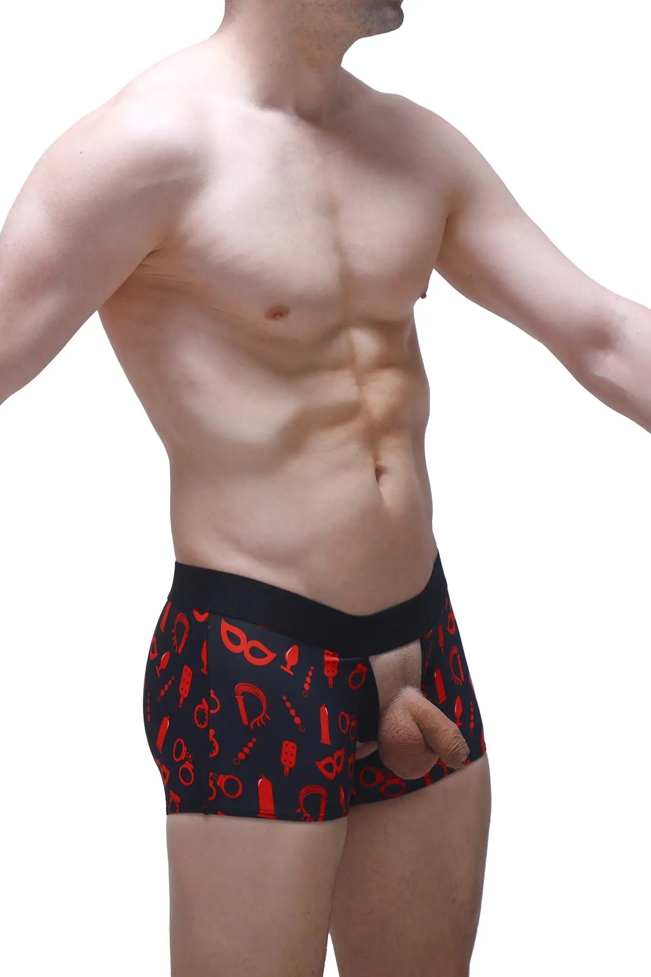 Black men’s PetitQ boxer Olloix Boudoir underwear with red erotic symbol pattern on soft fabric