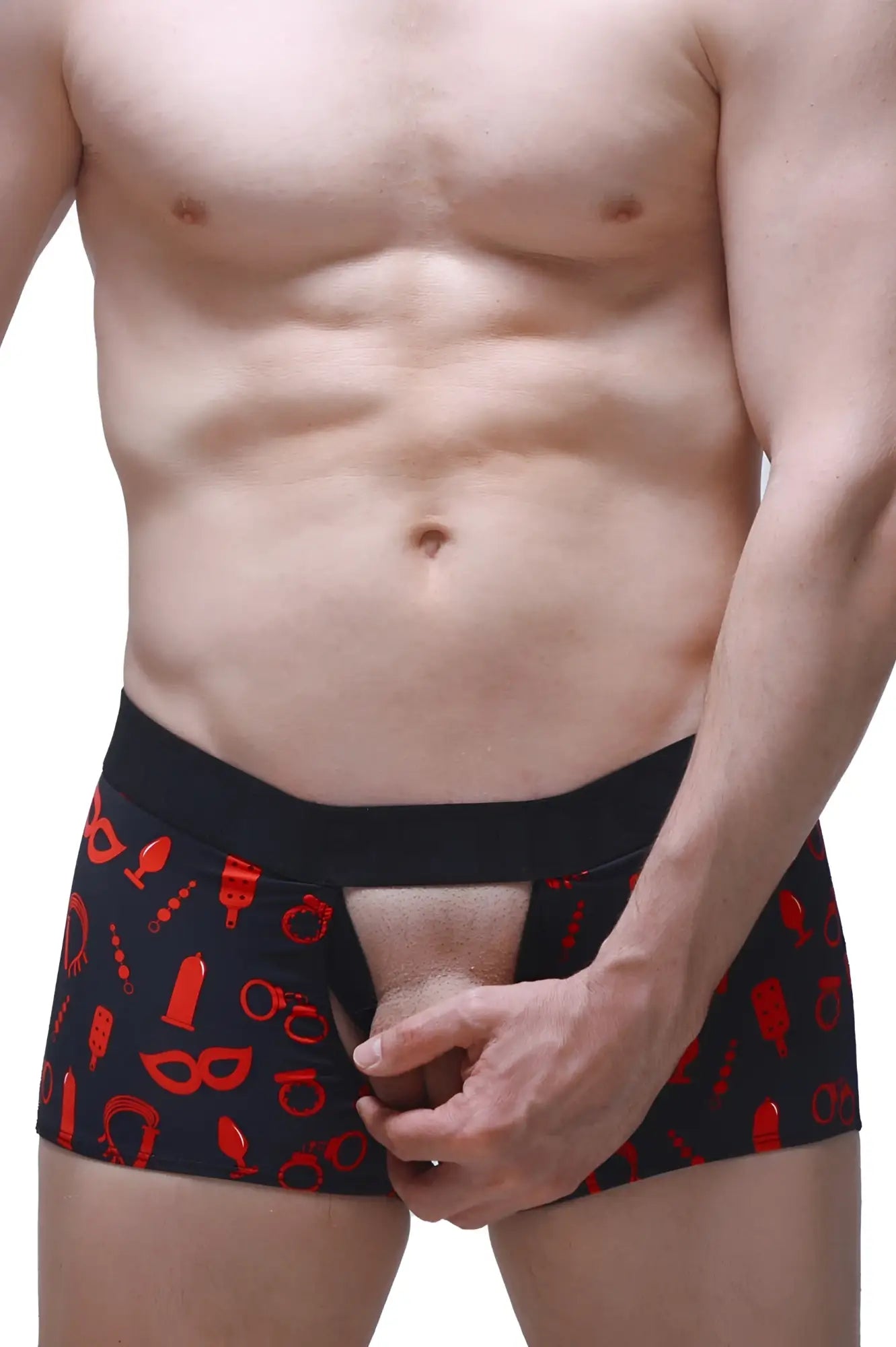 Black PetitQ boxer Olloix Boudoir briefs with red erotic-themed graphics designed for intimate wear