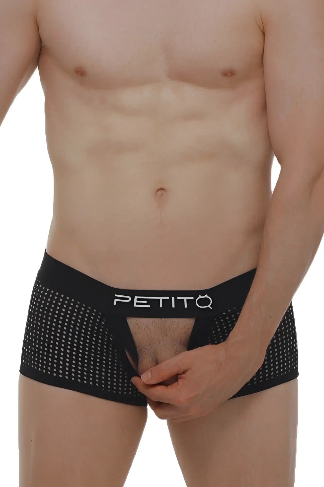 Black petitq boxer olloix durtol briefs with perforated mesh design and white branding on waistband front side