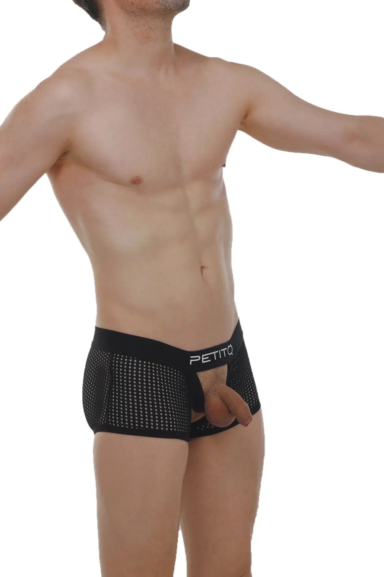 Black mesh briefs petitq boxer olloix durtol black with perforated design and white petitq logo on waistband