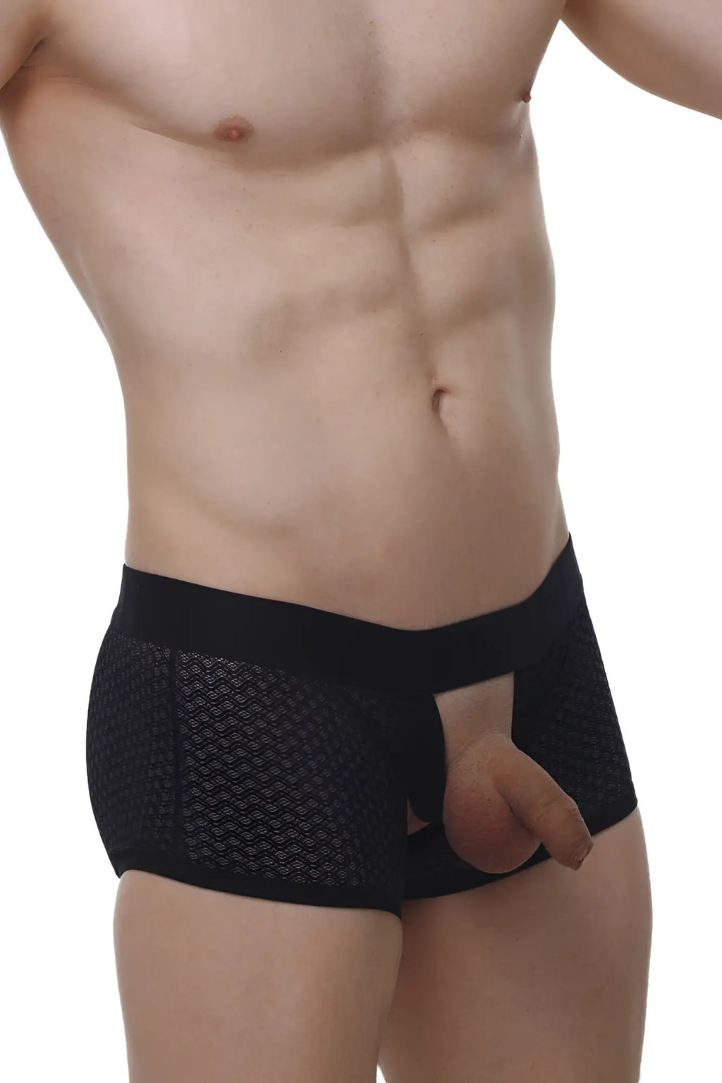 PetitQ boxer Olloix Macra black mesh briefs with solid black waistband and open front design