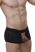 PetitQ boxer Olloix Macra black mesh briefs with solid black waistband and open front design