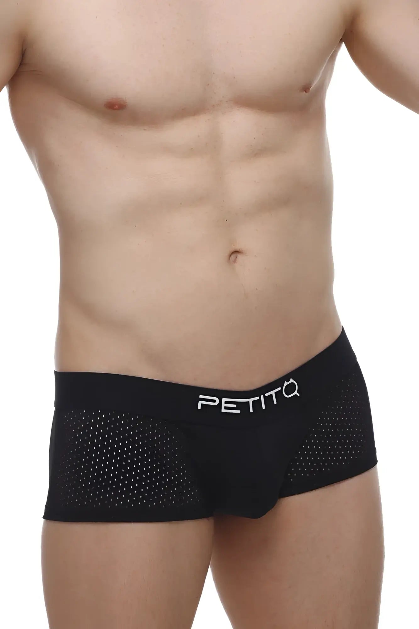 Black mesh briefs petitq boxer oncieux bee with white petitq logo on waistband for comfortable wear