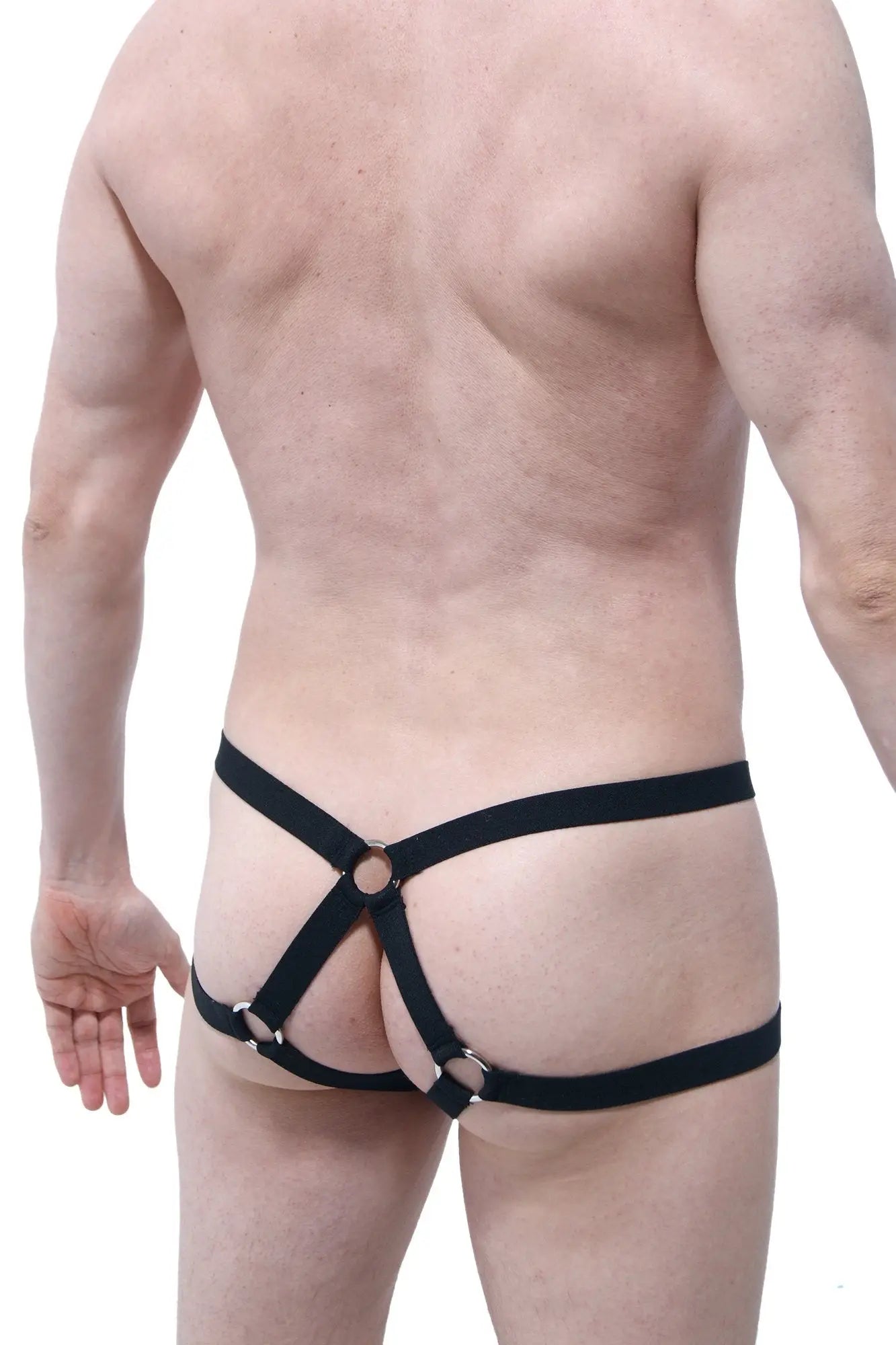 Black leather harness with adjustable straps and metal rings for petitq boxer open caylus black