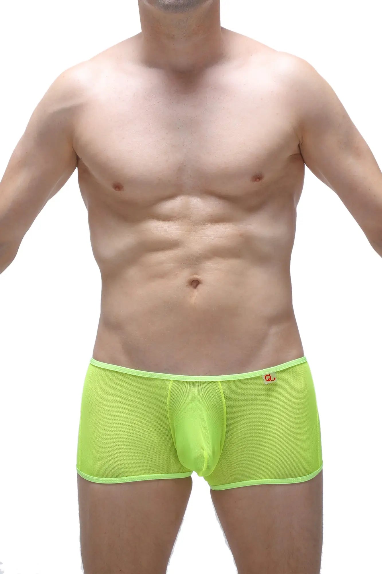 Neon yellow petitq boxer open net mesh briefs with bright green color and subtle logo on waistband front view